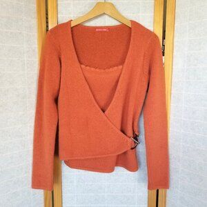 Orange Rust Mohair Wrap Sweater Size Medium Side Buckle Long Sleeve Stretch Knit
